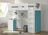 Cosmos White and Teal Twin Loft Bed with Desk and Storage Room