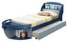 High Seas Navy Blue Twin Boat Bed shown with Optional Twin Trundle
