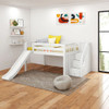 Decorah White Full Size Low Loft Bed with Slide and Stairs-Slatted Ends Angled View