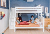 Menora White Twin over Queen Bunk Bed with Stairs Front View with Kids Room