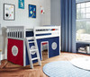 Khory White Loft Beds for Kids shown with Red and Blue Curtains Room