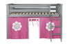 Turin Gray Loft Beds for Kids shown with Hot Pink and White Curtains Front View