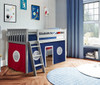 Turin Gray Loft Beds for Kids shown with Red and Blue Curtains Room