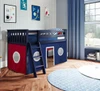 Buxton Blue Loft Beds for Kids shown with Red and Blue Curtains