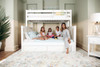 Crystal White Twin XL Bunk Bed with Queen on Bottom with Optional Set of 2 Under Bed Drawers Adult and Kids Front View Room