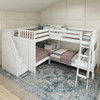 Calumet White Sleeps 4 Full Size L Shaped Bunk Beds with Stairs-Panel Ends Angled View Room