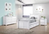 Beatrice White Twin XL Bed shown with Optional XL Storage Trundle, 6 Drawer Dresser and Nightstand Room