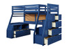 Emmett Blue Twin Loft Bed with Stairs and Desk Drawers Open