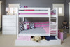 Penn Low White Queen Bunk Bed shown with Optional Twin XL Storage Trundle Out Room