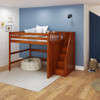 Hayes Chestnut Queen Loft Bed with Stairs Right Side Angled View Room