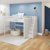 Hayes White Queen Loft Bed with Stairs Right Side Angled View Room