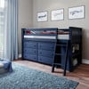 Baldwin Blue Twin Low Loft Bed with Storage Angled View Room