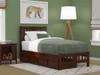 Kani Walnut Twin Platform Bed Frame shown with Optional Set of 2 Storage Drawers Closed Room