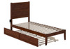 Nico Walnut Twin XL Bed Frame with Headboard shown with Optional Twin XL Trundle Open