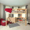 Kimball Natural Adult Loft Bed with Desk shown with Optional 3 Drawer Chest, Long Bed Shelf & Chair Room