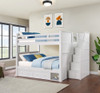 Bellamy Queen Bunk Bed with Stairs shown with Optional Set of 2 Storage Drawers with Cubby Closed in White Finish Room