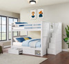 Bellamy Queen Bunk Bed with Stairs shown with Optional Set of 2 Storage Drawers with Cubby Open in White Finish Room