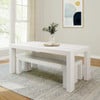 Rockport Distressed White Dining Table with Bench Angled View Benches In Room