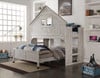 Chanse's Brushed Driftwood Twin Playhouse Loft Bed shown with Optional Full Size Bottom Bed Room