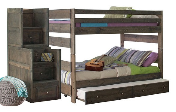 Carmichael Gray Full Wooden Bunk Beds with Stairs shown with Optional Twin Trundle
