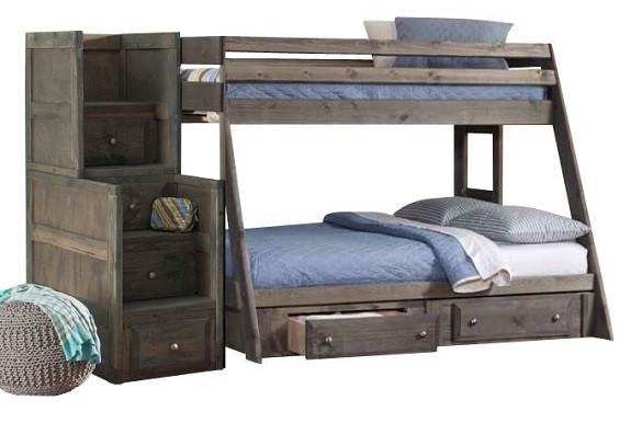Carmichael Gray Twin over Full Wooden Bunk Beds with Stairs shown with Optional Set of 2 Under Bed Storage Drawers