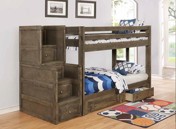 Carmichael Gray Twin Wooden Bunk Beds with Stairs shown with Optional Set of 2 Under Bed Storage Drawers Room