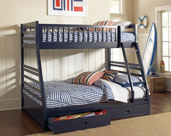 Bristol Blue Twin over Full Bunk Bed with Storage Left Side Angled View Room