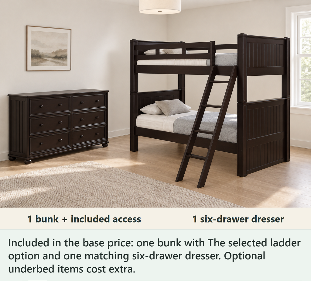 Foster Espresso Twin XL Bunk & Dresser Bedroom Set — What’s included — Included in the base price: one bunk with The selected ladder option and one matching six-drawer dresser. Optional underbed items cost extra.