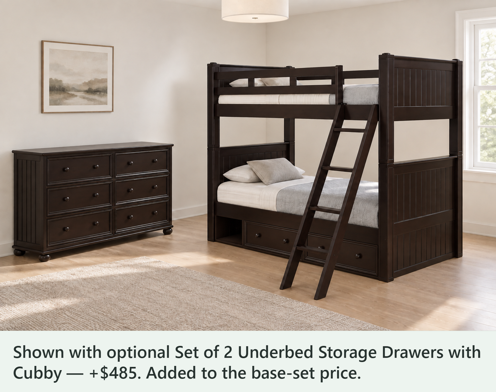 Foster Espresso Twin XL Bunk & Dresser Bedroom Set — Optional underbed — Shown with optional Set of 2 Underbed Storage Drawers with Cubby — +$485. Added to the base-set price.