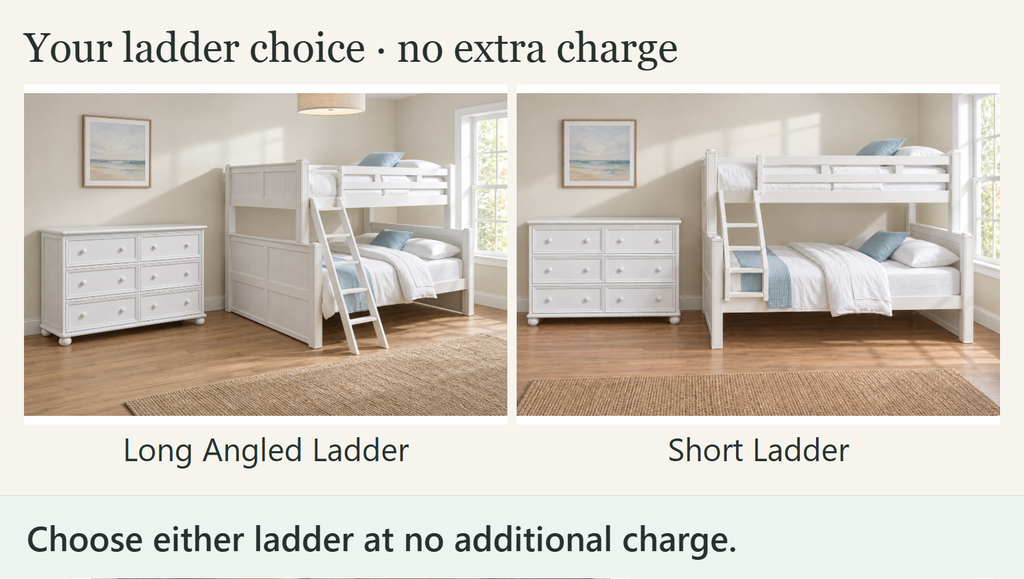 Beatrice White Full-over-Queen Bunk & Dresser Bedroom Set — Ladder choice guide — Choose either ladder at no additional charge.