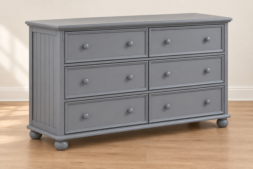 Moreno Grey Queen-over-Queen Bunk & Dresser Bedroom Set — Dresser component — Included six-drawer dresser. 58″W × 18½″D × 35″H. Mirror is not included.