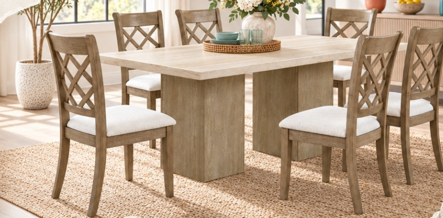 Acme Olinda DN07035 table with Karsen DN01450 chairs in a room setting. Base offer includes one table and four chairs; extra chairs require selection. Decorative accessories are not included.