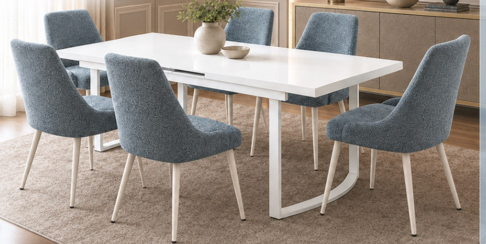 Acme Palton DN00732 extension table with Laela DN03696 chairs in a room setting. Base offer includes one table and four chairs; extra chairs require selection. Decorative accessories are not included.