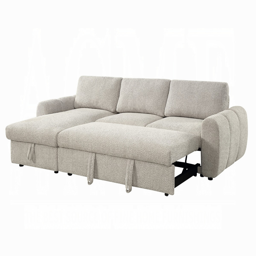 Pull-out sleeper mechanism shown extended beneath the loveseat section.