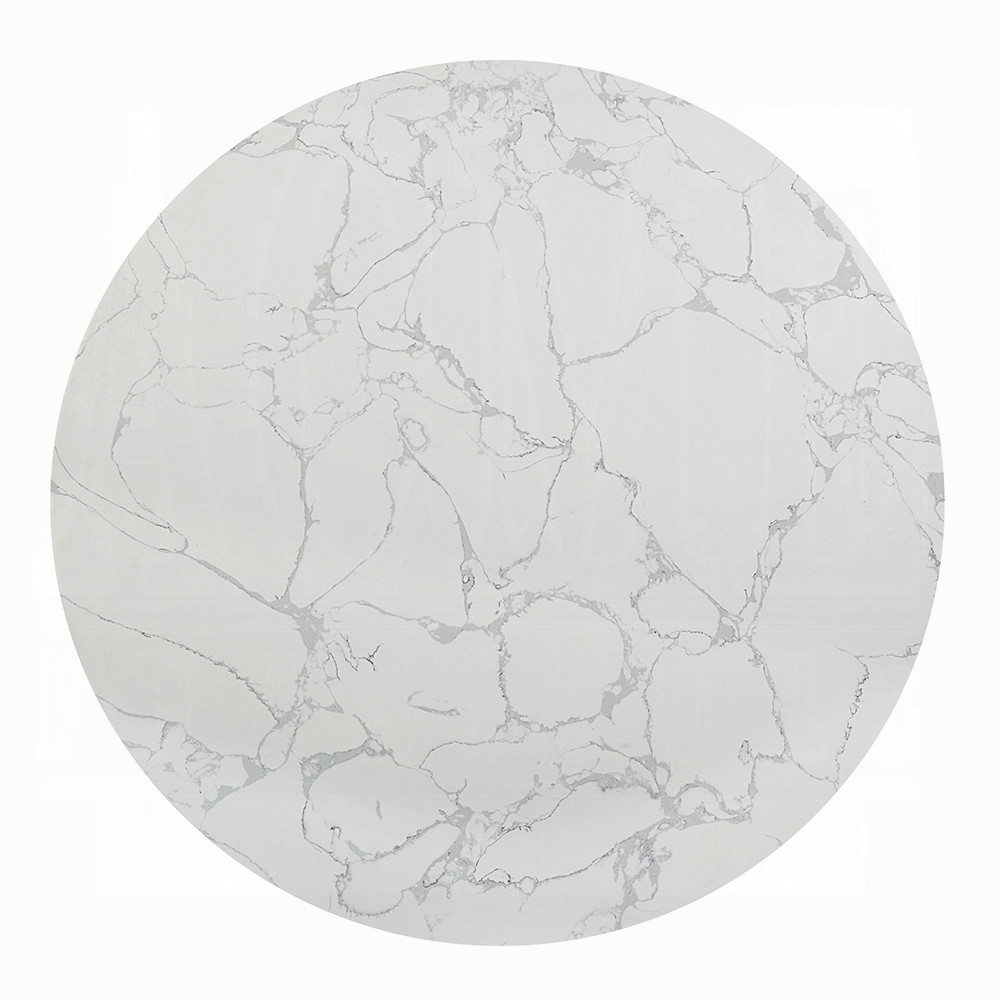 Overhead view of the white engineered marble tabletop and gray veining pattern.