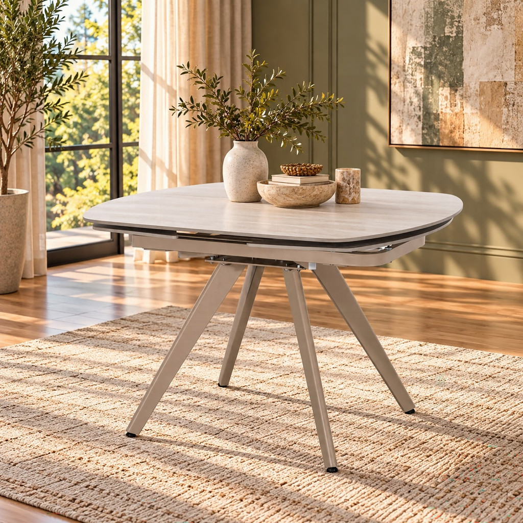 Bexley table shown closed in a room setting. Decorative accessories and rug are not included.