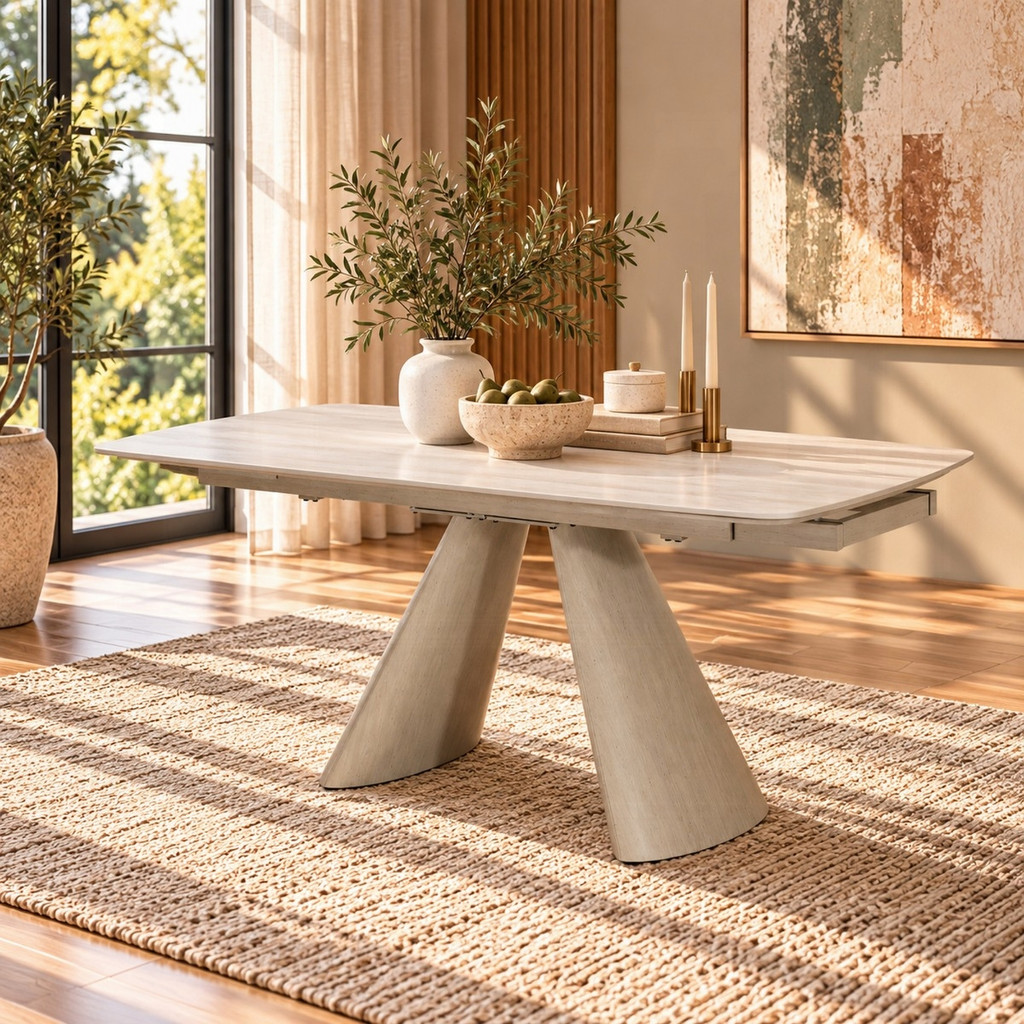 Cassian table shown closed in a room setting. Rug, plants and decorative accessories are not included.