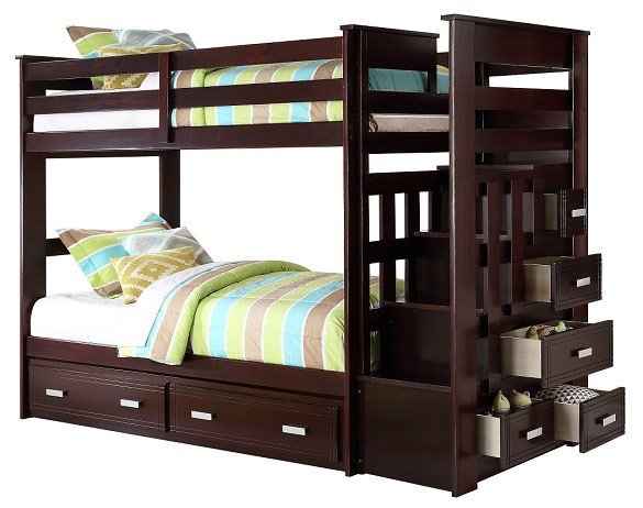 Wynn Espresso Twin over Twin Bunk Bed with Trundle and Stairs Side Drawers Out
