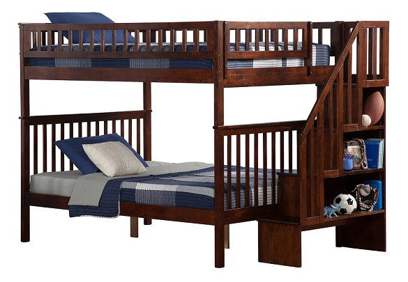 Samson Walnut Full Size Kids Bunk Beds with Stairs