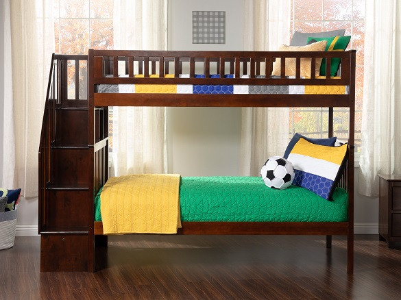 Samson Walnut Twin Size Kids Bunk Beds with Stairs Front View