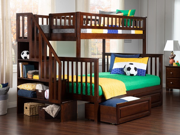 Samson Walnut Twin over Full Kids Bunk Beds with Stairs shown with Optional Set of 2 Under Bed Storage Drawers