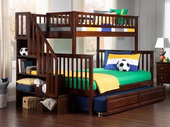 Samson Walnut Twin over Full Kids Bunk Beds with Stairs shown with Optional Twin Trundle