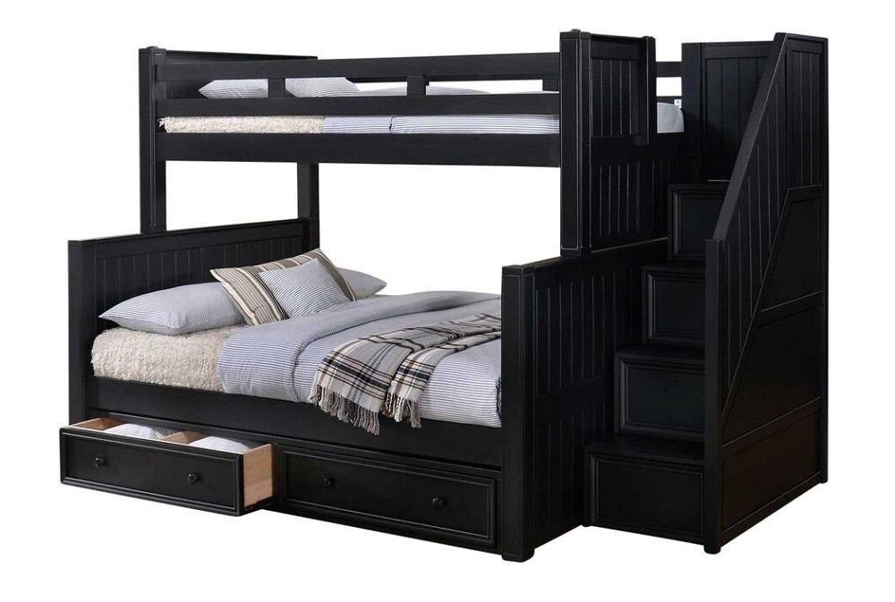Eberhardt Black Twin over Full Bunk Bed with Stairs shown with Optional Set of 2 Underbed Storage Drawers