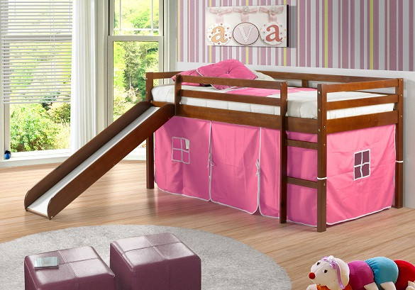 Gabby's Tent Children's Loft Bed Light Espresso Finish with Pink Tent
