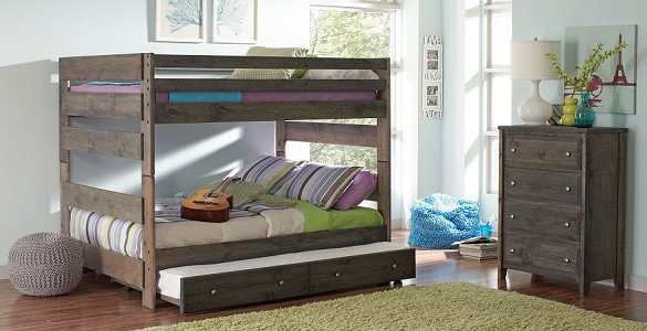 Carmichael Gray Full Size Wooden Bunk Beds shown with Optional Twin Trundle Room