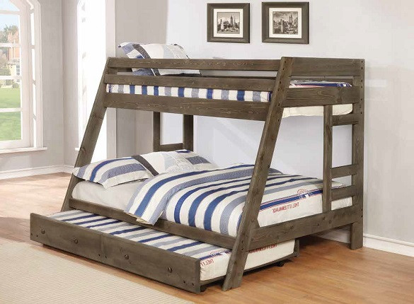 Carmichael Gray Twin over Full Wooden Bunk Beds shown with Optional Twin Trundle Room