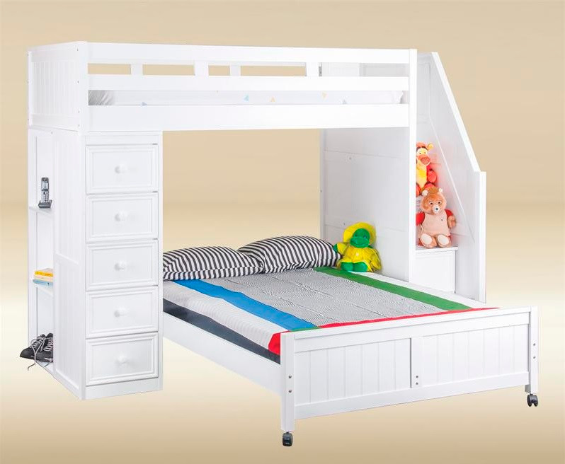 Post White Twin Loft Bed with Stairs and Storage shown with Optional Full Size Bottom Bed on Casters