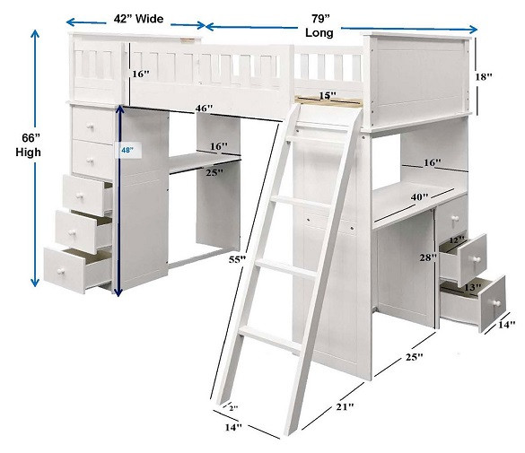 Delta Black Twin Loft Bed with Desk and Storage Dimensions