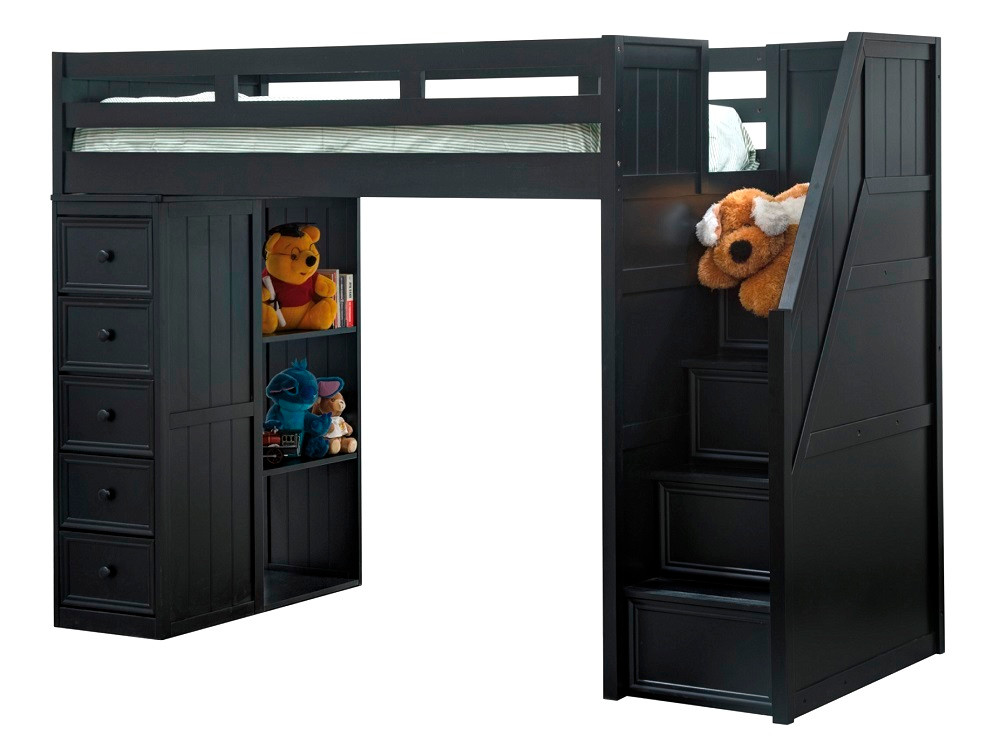 Thurston Black Twin Loft Bed with Stairs and Storage