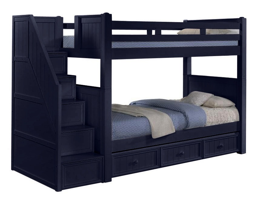 Annapolis Blue Twin Bunk Beds with Stairs shown with Optional Twin Storage Trundle